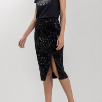 Saia Midi Em Veludo Com Paetês E Cintura Média