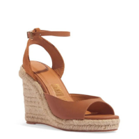 Sandália Espadrille Anabela Couro Confort Caramelo Salto Alto