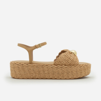 Sandália Flatform com Efeito Ráfia com Esfera Bege