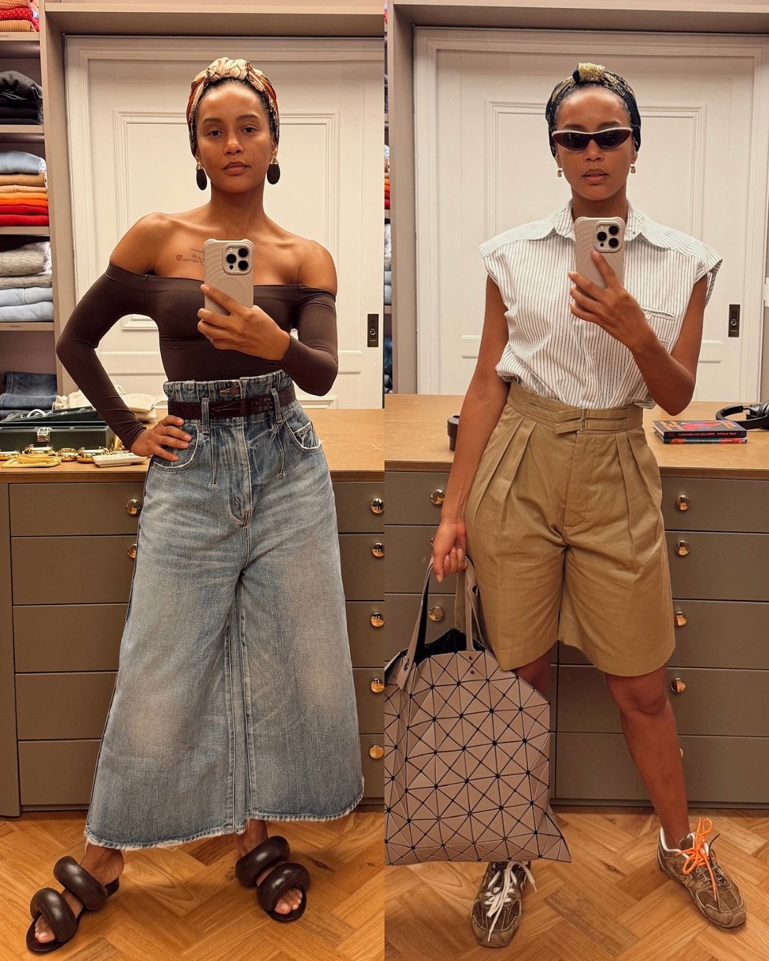 Taís Araújo em frente ao espelho com roupas casuais: à esquerda, top marrom e saia jeans; à direita, camisa listrada e bermuda bege.