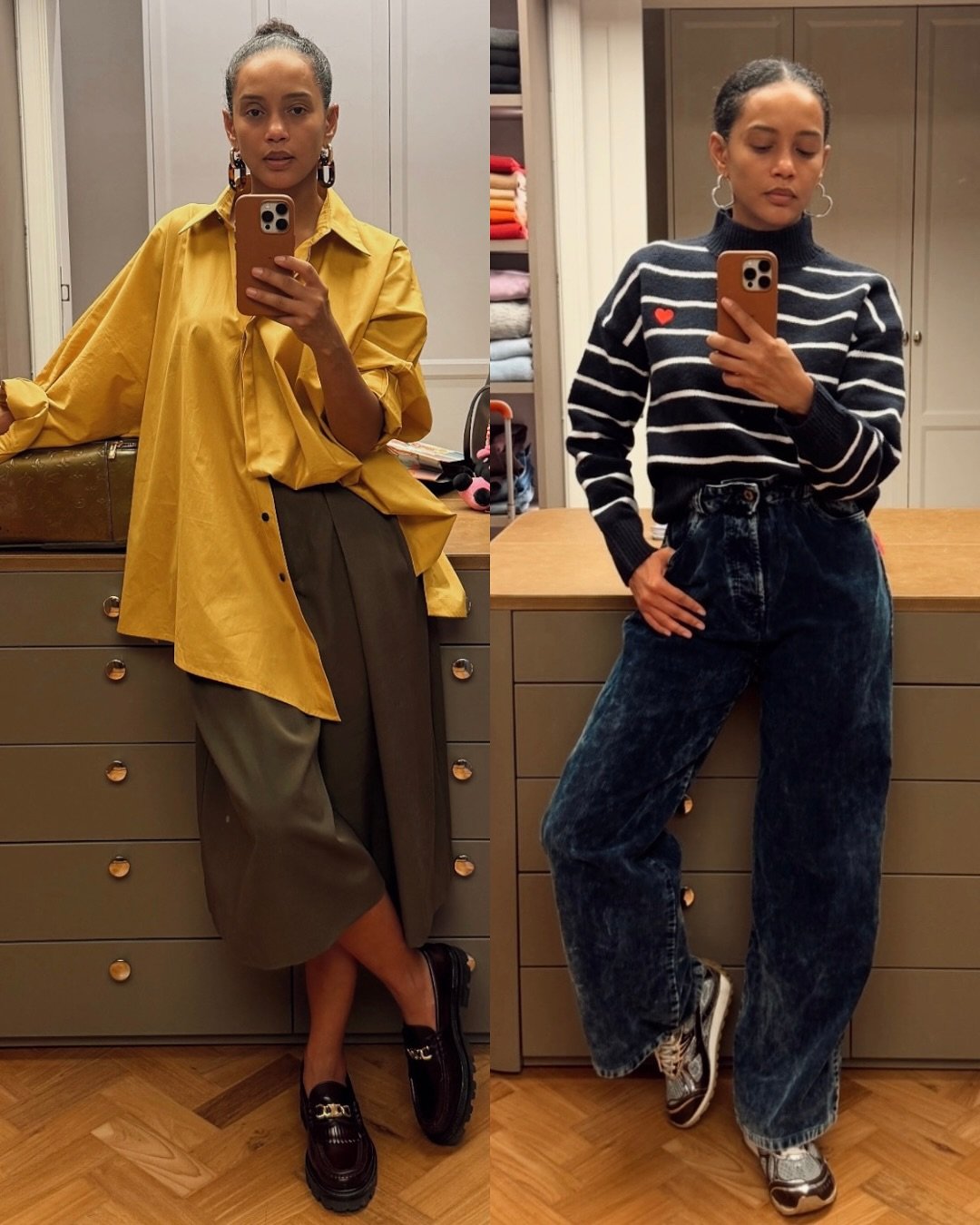 Taís Araújo com camisa amarela e saia cinza à esquerda; suéter listrado e calça jeans à direita.