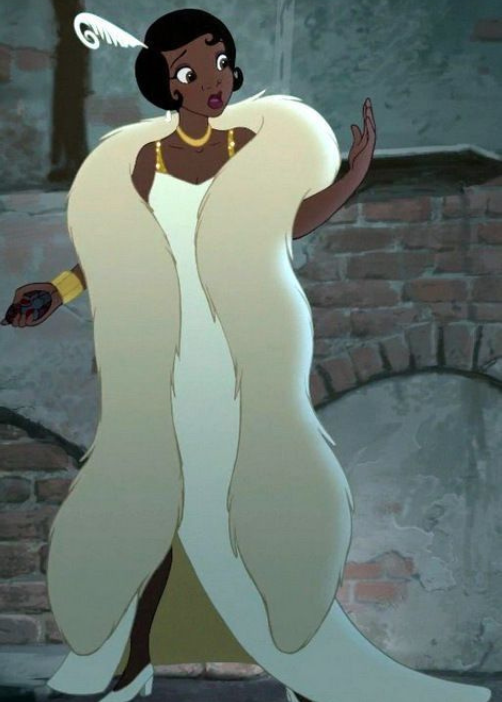 Personagem feminina de vestido glamoroso e estola branca em ambiente urbano, ligada às princesas da Disney.