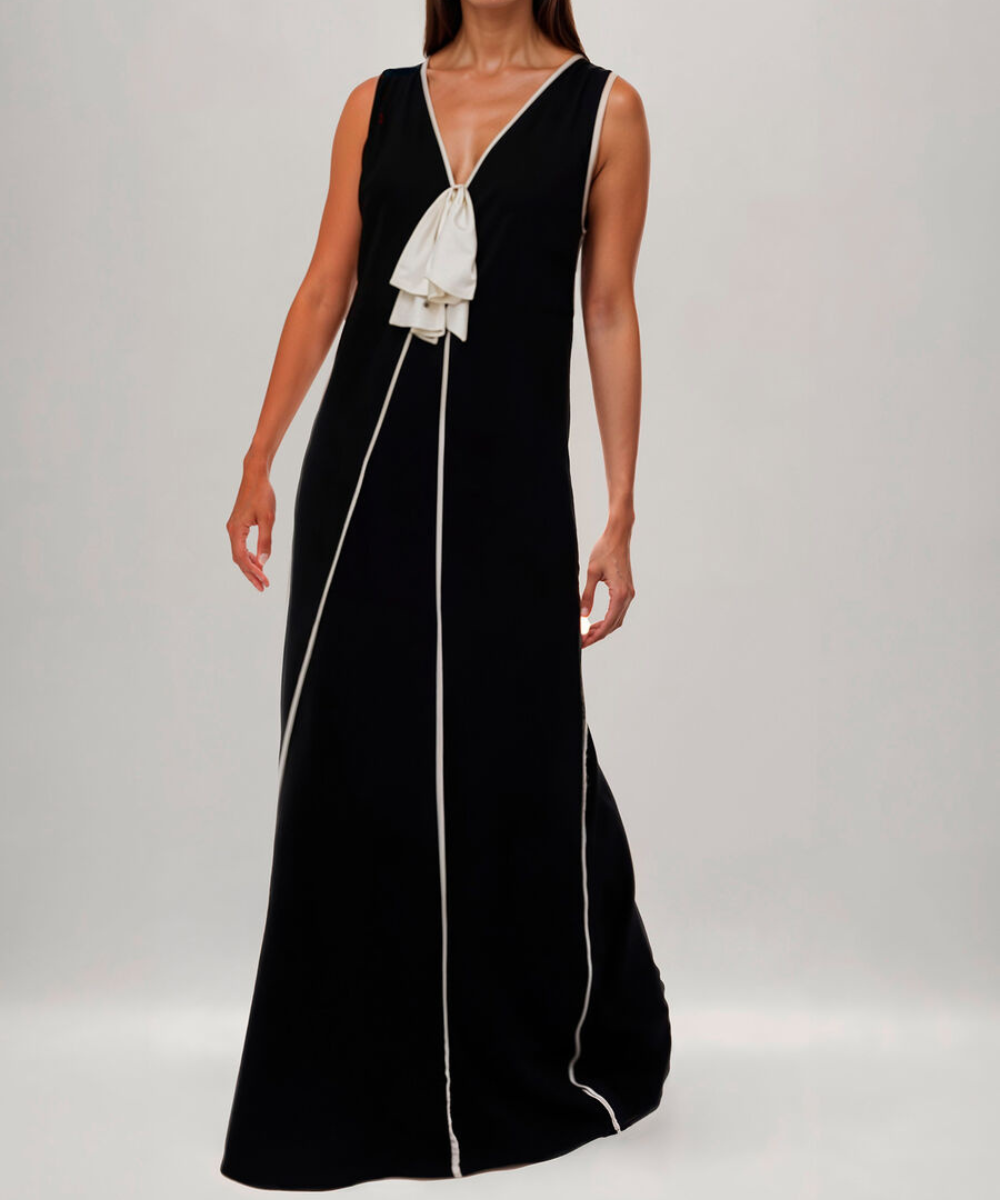Vestido Longo Bicolor em Crepe com Laço