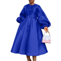 Vestido Midi Elegante De Cor Pura Com Manga Lanterna Para