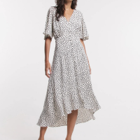 Vestido Midi em Viscose com Manga Flare e Estampa Poá Branco Neve