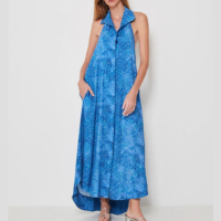 Vestido Midi Frente Única Estampa Fundo do Mar