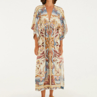 Vestido Longo Manga Estampado Vitral Do Mar