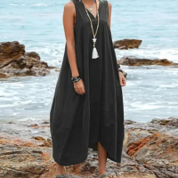 Vestido Feminino De Verão Com Decote Em V De Algodão E Linho Solto Cor Sóli