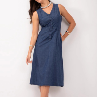 Lunender - Vestido Jeans Midi Chá com Botões e Bolsos Azul