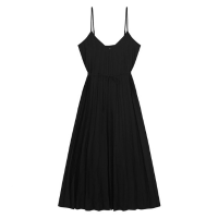 Malwee - Vestido Preto Midi Evasê Plissado