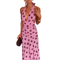 2025 Women Pink Chiffon Polka Dot Halter neck Maxi Dress Elegant Sleeveless