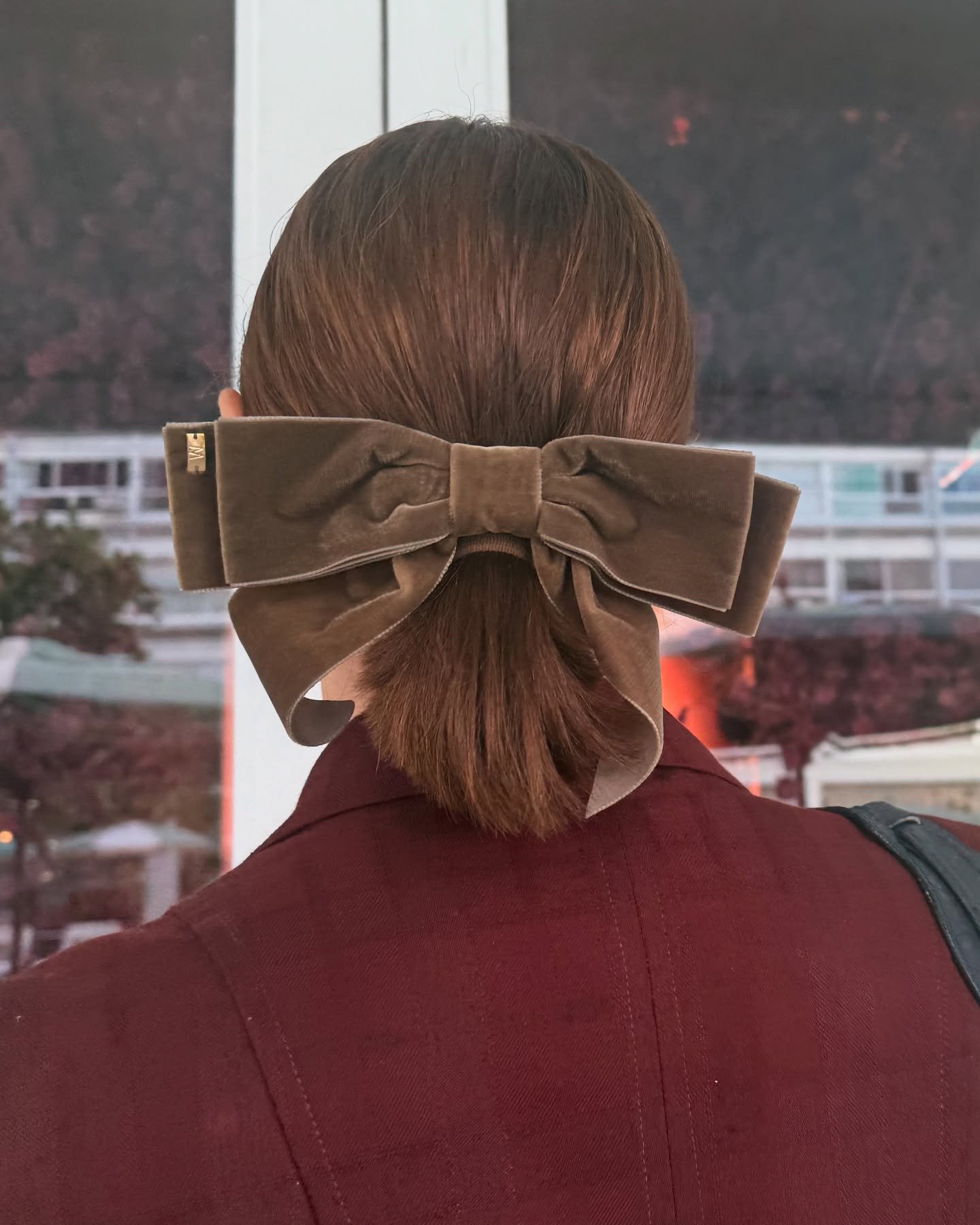 Laço de veludo marrom enfeita cabelo castanho preso, com casaco bordô visível.