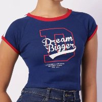 Camiseta Feminina Cropped com Estampa Manga Curta Azul