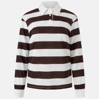 Blusa em Algodão com Gola Polo e Listras Horizontais MarromOff White