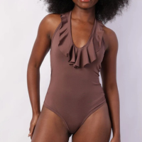 Body Feminino Decote Frente Única com Babado Marrom