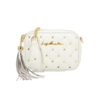 BOLSA CLÁSSICA EM COURO OFF WHITE COM REBITES E ALÇA DE CORRENTES PEQUENA