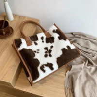 Bolsa De Mão Feminina De Pelúcia Macia Inverno Leopardo Vaca Impressão Saco
