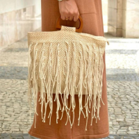 Bolsa Franja De Palha com Alça de Madeira Moda Praia Verão