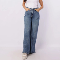 Calça Jeans Feminina Wide Leg Marmorizada com Fendas Bolsos Azul