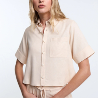 Camisa Curta em Viscose e Linho com Bolso Bege