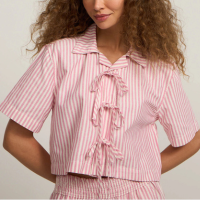 Camisa em Sarja Listradinha com Amarração de Lacinhos BrancoRosa