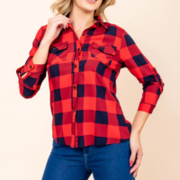 Camisa Feminina Xadrez Manga Longa com Botões e Bolso Frontal Viscose Blusa