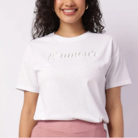 Camiseta Feminina Algodão com Bordado Manga Curta Branca
