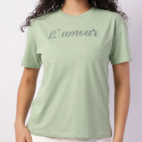 Camiseta Feminina Algodão com Bordado Manga Curta Verde