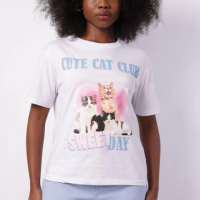 Camiseta Feminina Algodão Estampa Gatinhos com Aplicação Branca