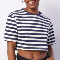 Camiseta Feminina Cropped Listrada Manga Curta Azul