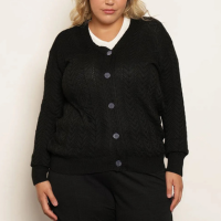 Cardigan Plus Size Feminino Tricô Manga Longa Com Botões Preto
