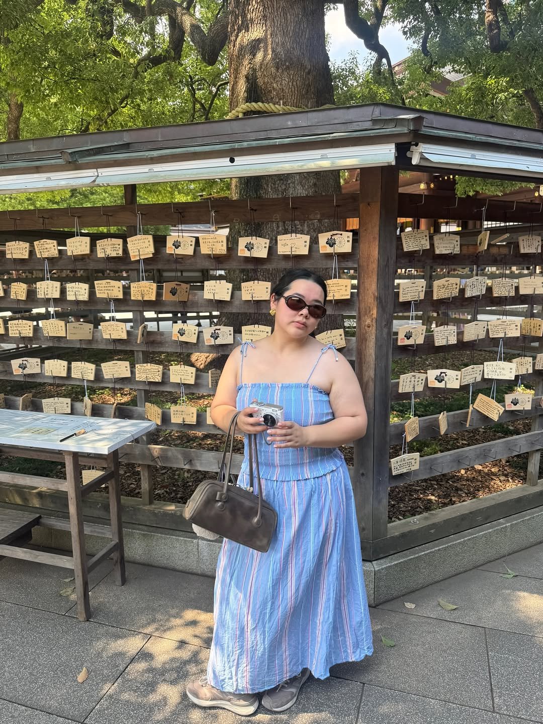 Pessoa em pé com vestido azul listrado, segurando uma bolsa. Ao fundo, placas de madeira penduradas. Uma árvore grande está atrás. Usando tênis chunky.