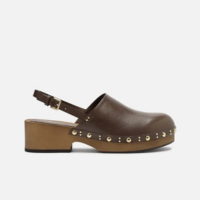 Mule Clog Marrom Couro Salto Médio Tira