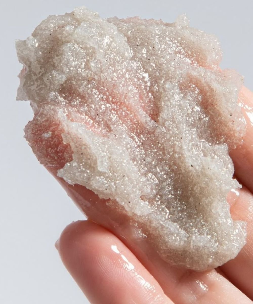 Close up de mão com esfoliante branco que é parte da rotina de como acabar com cravos do rosto