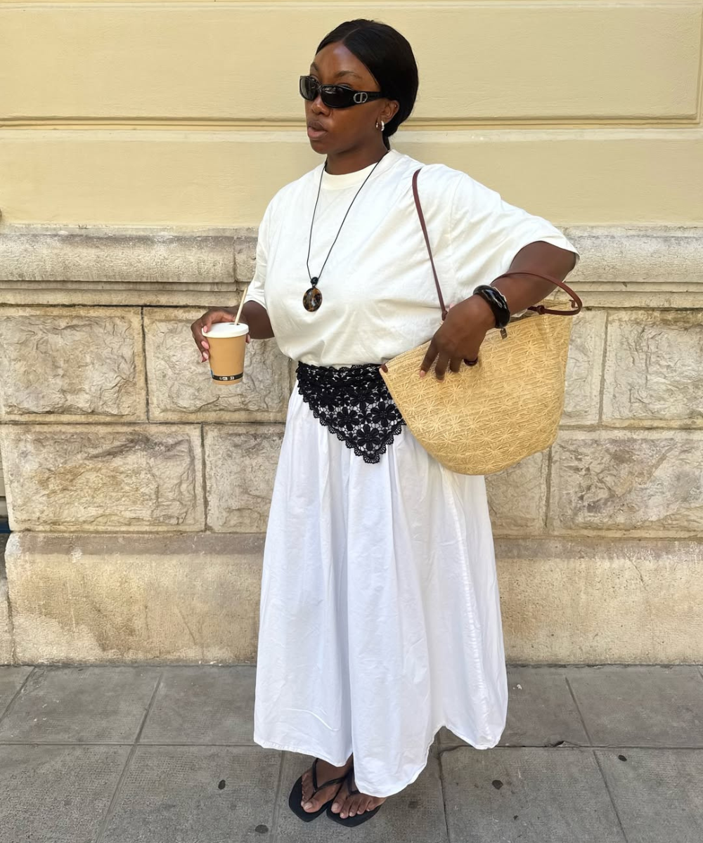 Mulher com bolsa palha e vestido branco. Acessórios pretos e sandálias completam o look casual de verão.
