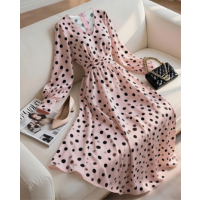 Franclia Vestido Longo Elegante de Bolinhas com Decote em V para Uso Diário