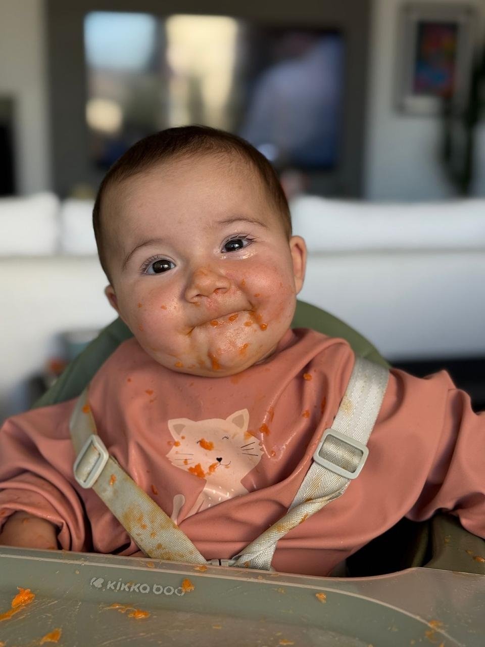 Bebê sorrindo com rosto sujo de papinha, representando introdução alimentar.