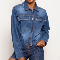 Jaqueta Jeans Feminina Manga Longa Com Elástico Azul