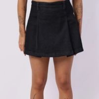 Short Saia Jeans Feminino Curto Pregas com Zíper Azul