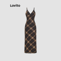 Lovito Vestido casual xadrez estrutura linha para mulheres
