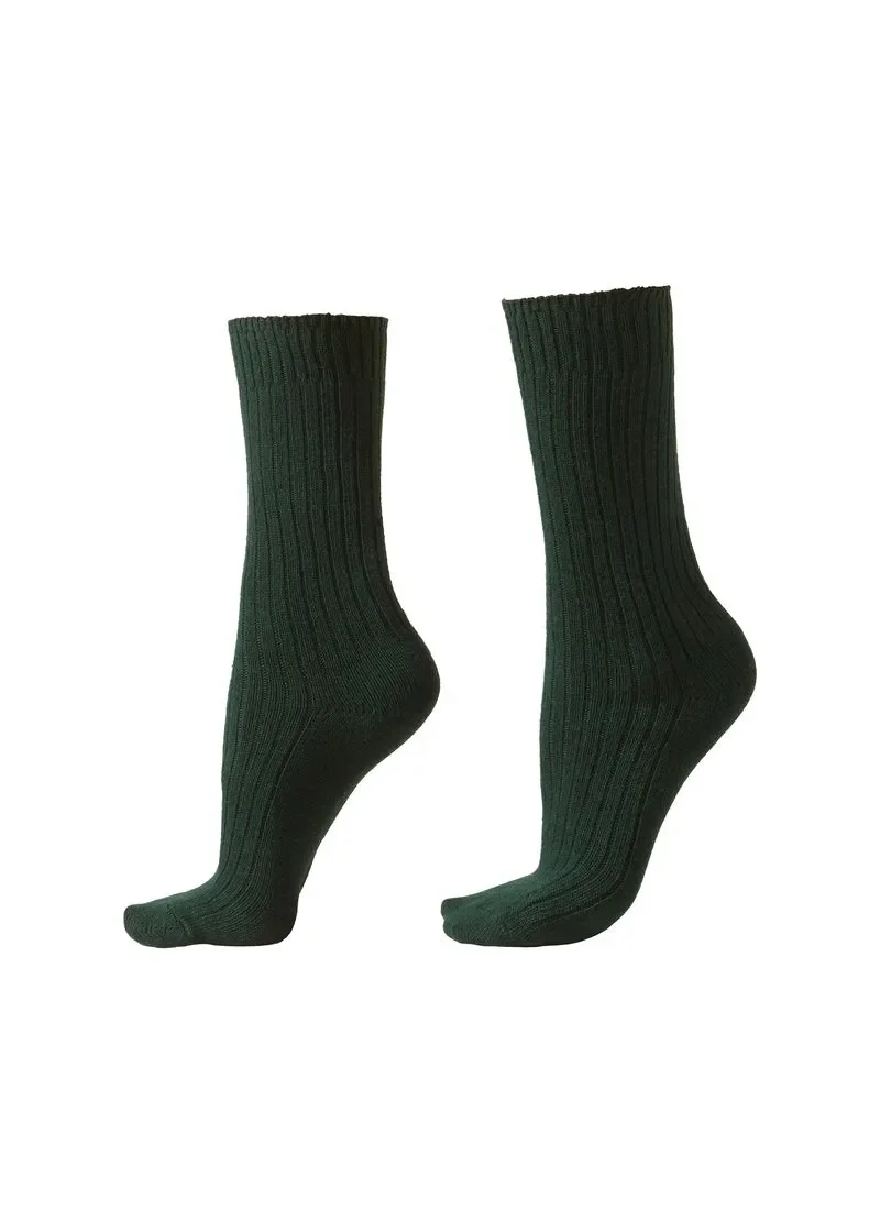 Meia Curta Canelada Em Lã e Cashmere - Verde