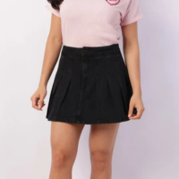 Mini Saia Jeans Feminina com Pregas Preta