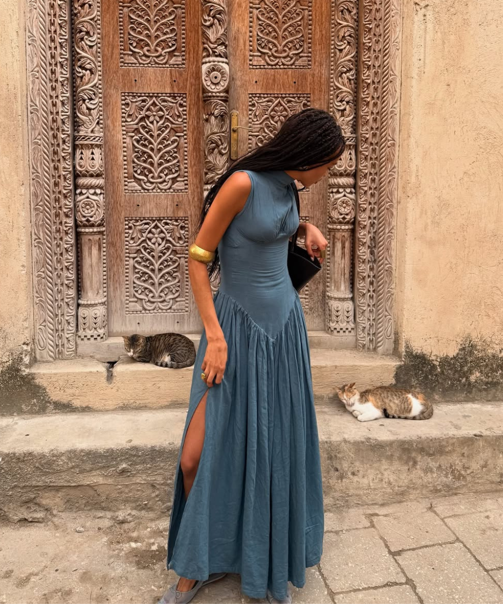 Mulher com vestido longo azul olha para gatos na calçada, frente a uma porta ornamental esculpida.