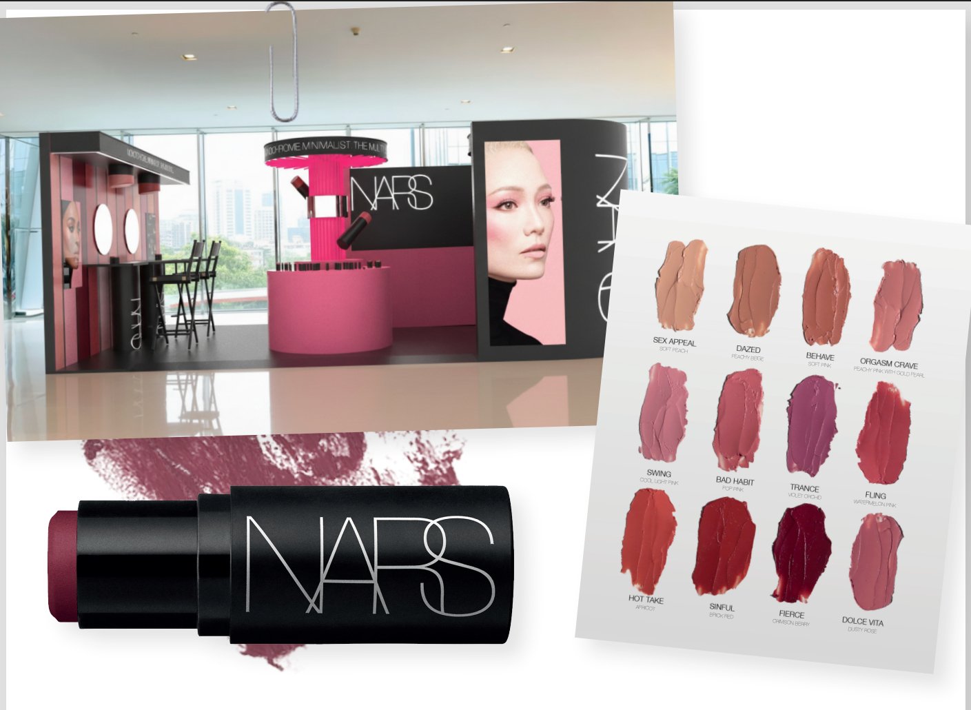 Kiosque de maquiagem NARS com display de cores de batons em tons variados e produto em destaque.