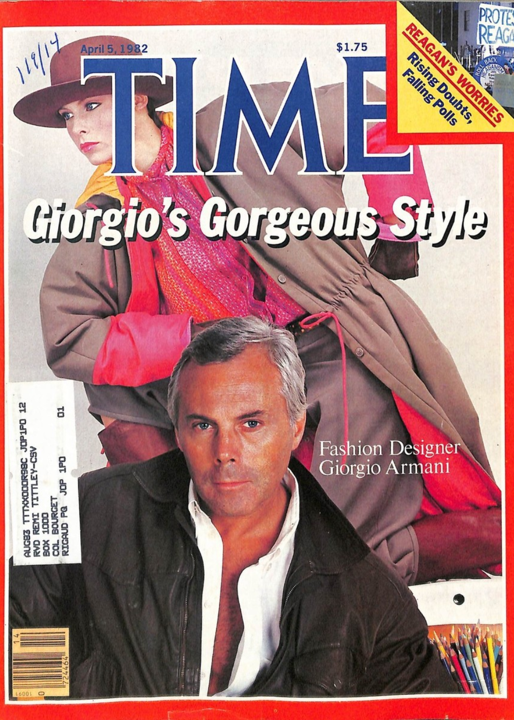 Revista Time com Giorgio Armani na capa, destacando seu estilo icônico.