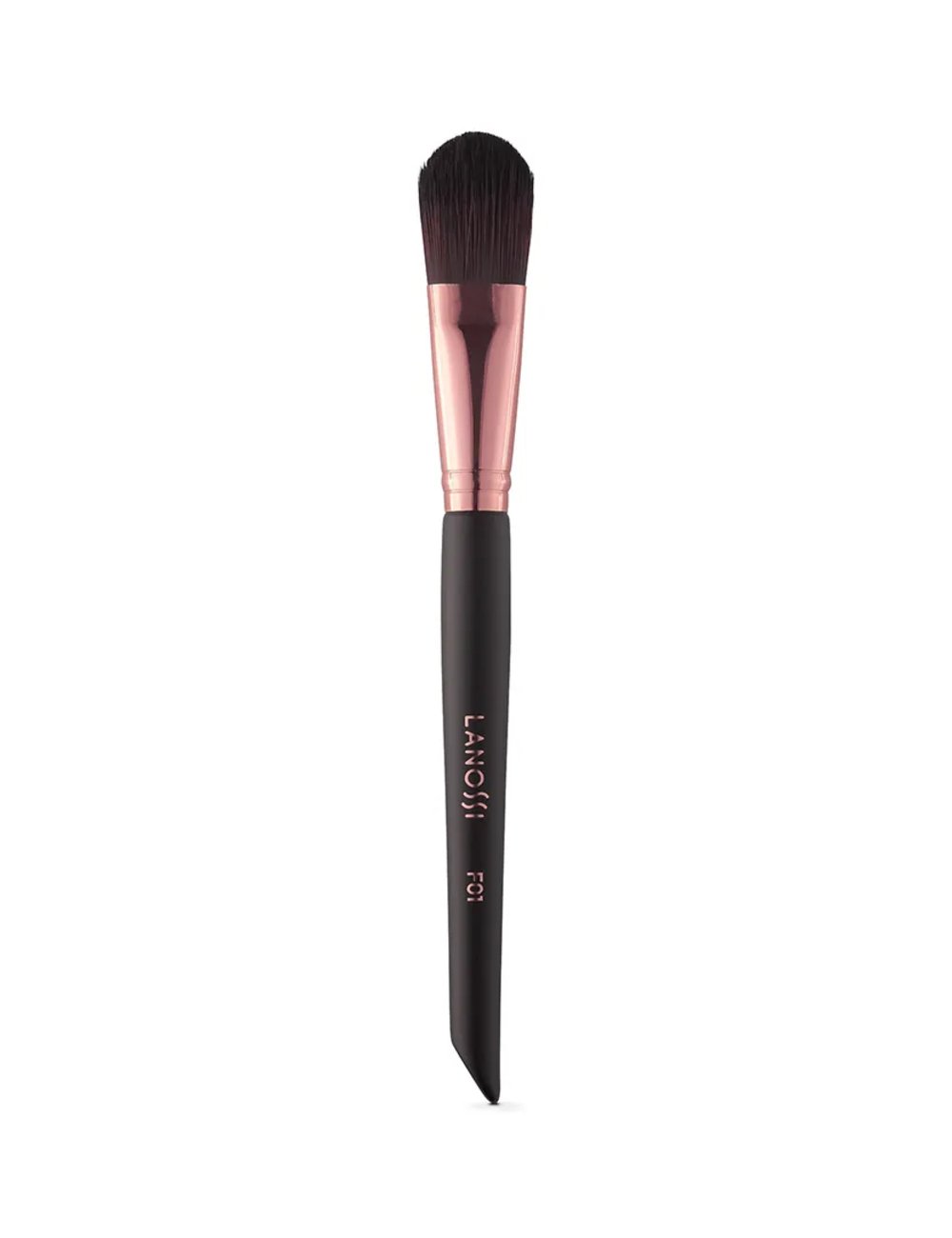 Pincel de base com cerdas escuras e cabo preto, design elegante e acabamento metálico rosé.