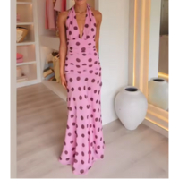 Pink Chiffon Polka Dot Printing Halter Maxi Dress Women Elegant Sleeveless