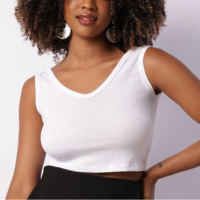 Regata Feminina Cropped Canelada Decote V Branca
