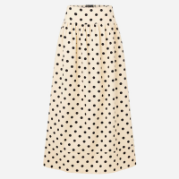 Saia Evasê Midi em Tricoline com Cós Largo e Estampa Poá Bege