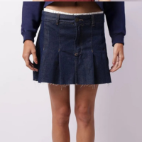 Saia Jeans Feminina Pregas Curta Cós Duplo Azul